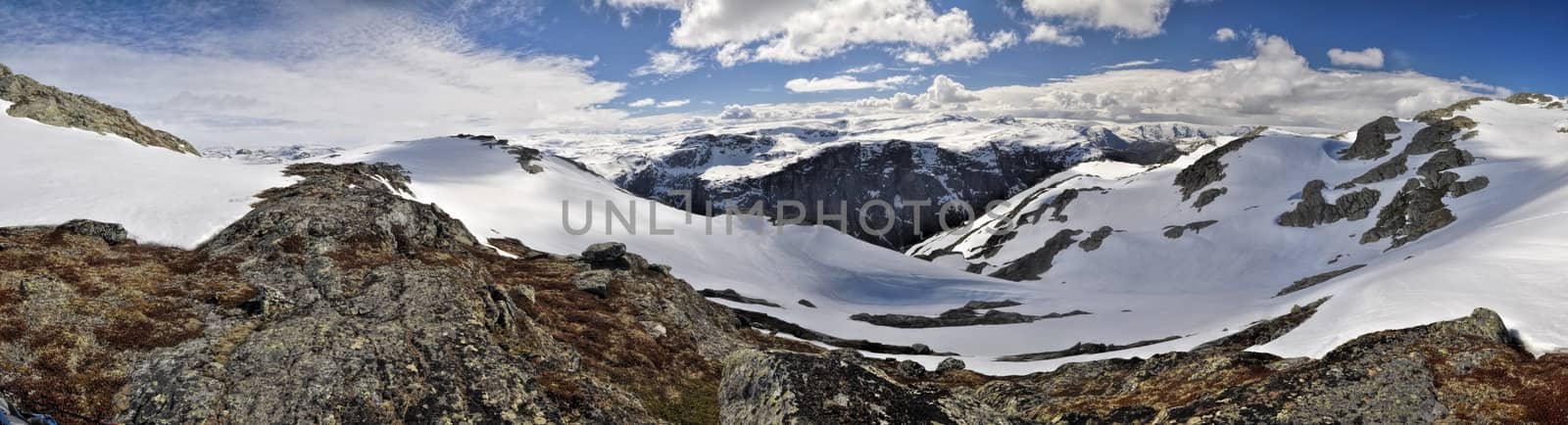 Scenic panorama of snowy landscape near Trolltunga in Norway