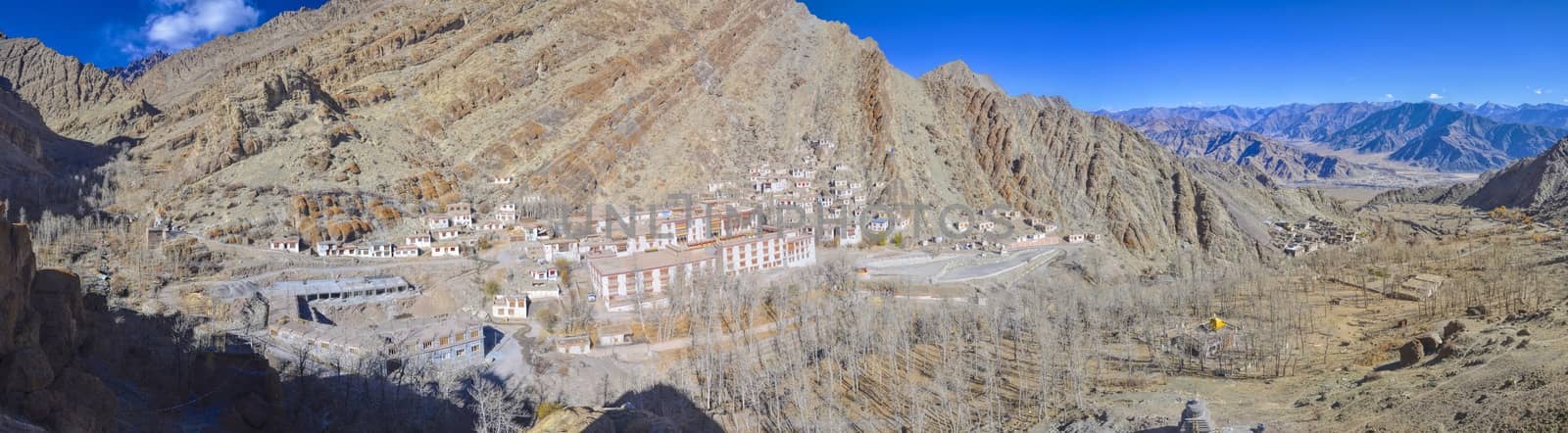 Picturesque view of shrines and temples of village in Ladakh region, India