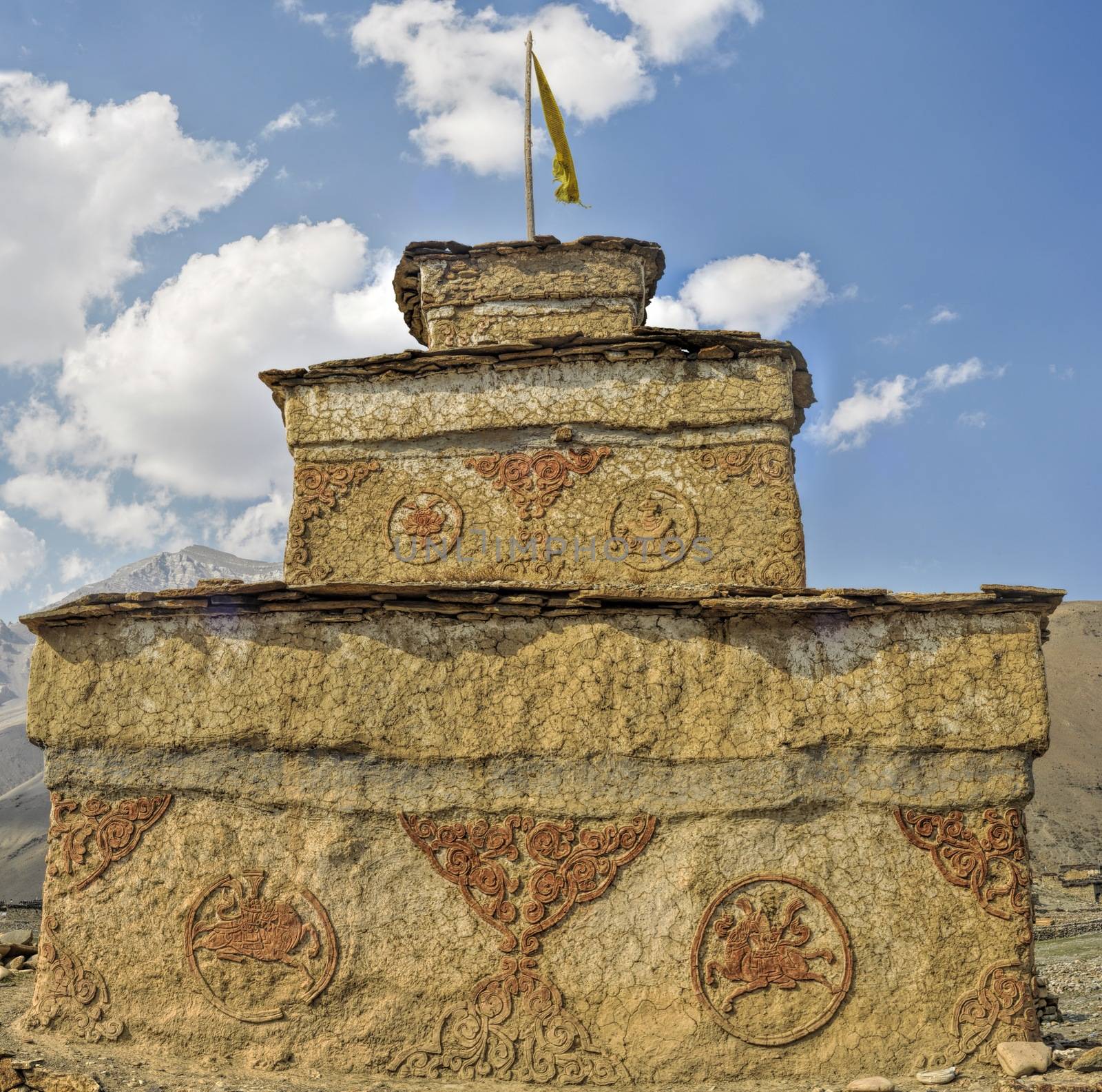 Detail of on old buddhist shrine in Himalayas, Nepal