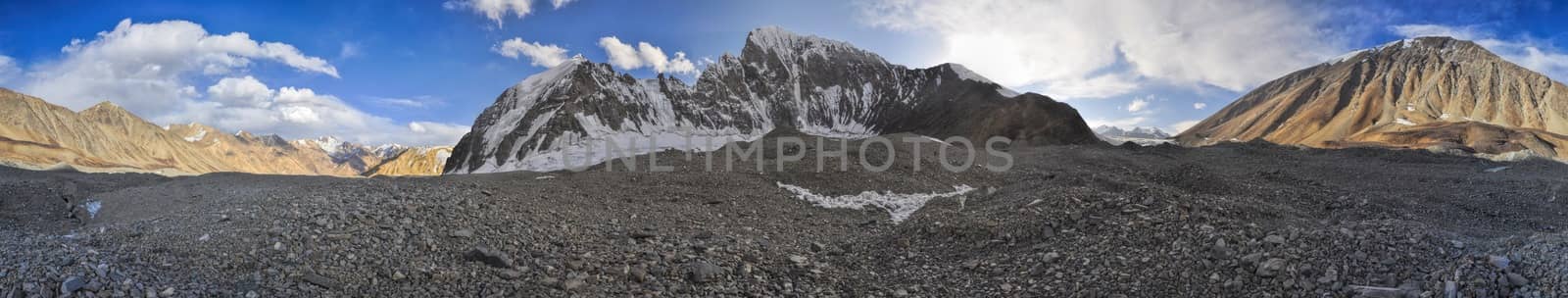 Scenic panorama of cold arid landscape in Tajikistan on sunny day