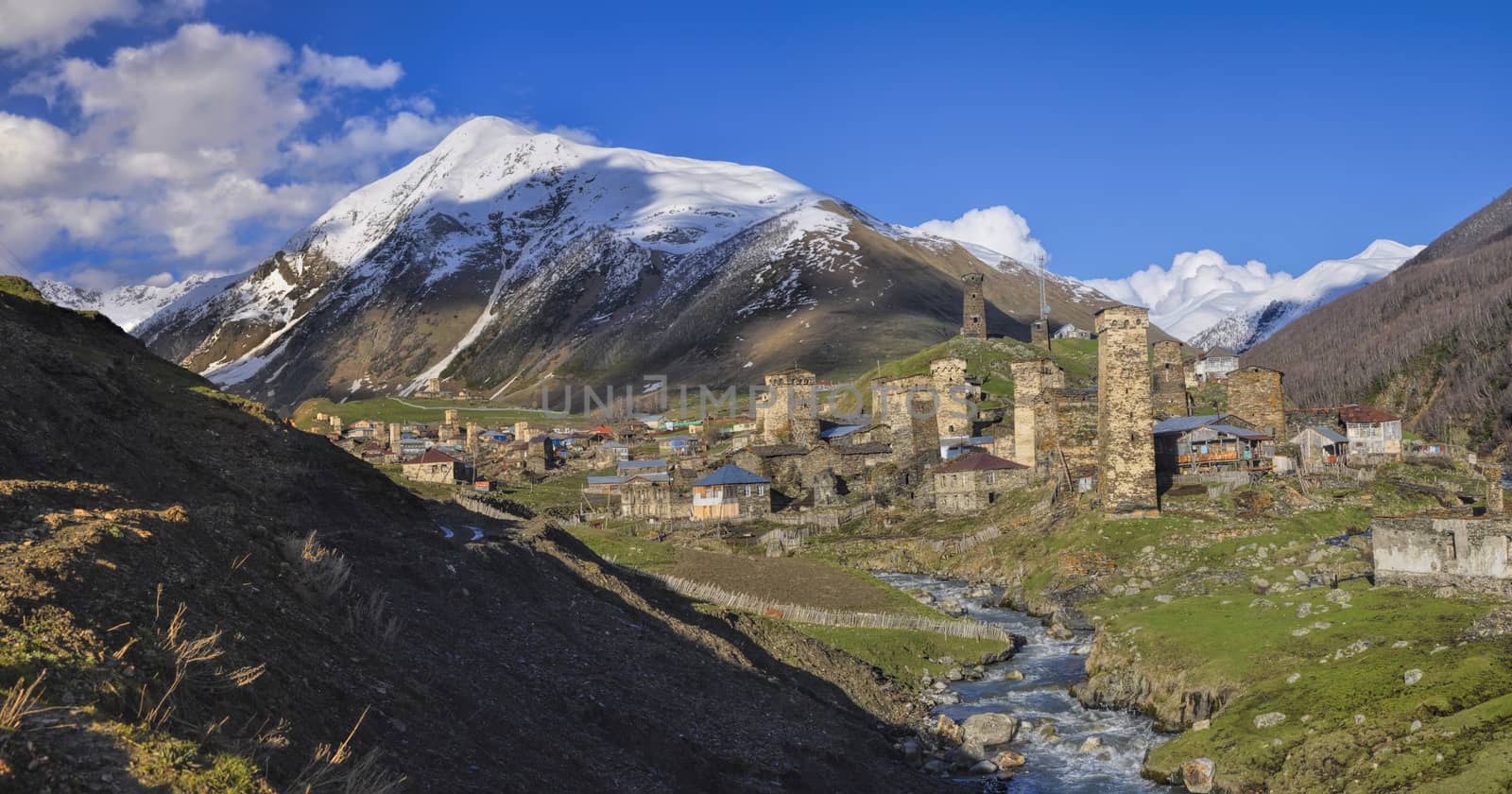 Scenic panorama of Svaneti in Georgia with traditional stone towers, symbol of the region
