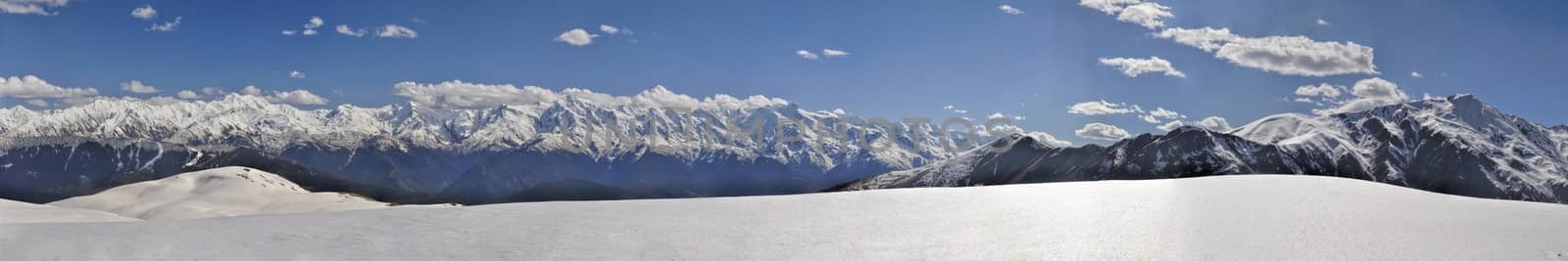 Scenic panorama of Caucasus mountains covered in snow, Svaneti, Georgia
