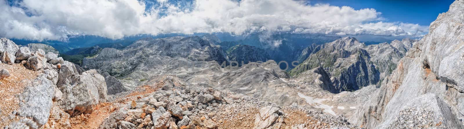 Scenic panorama view from mountain Triglav in Julian Alps, Slovenia
