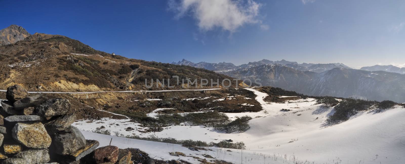 Scenic view of sunny mountains in Arunachal Pradesh region, India