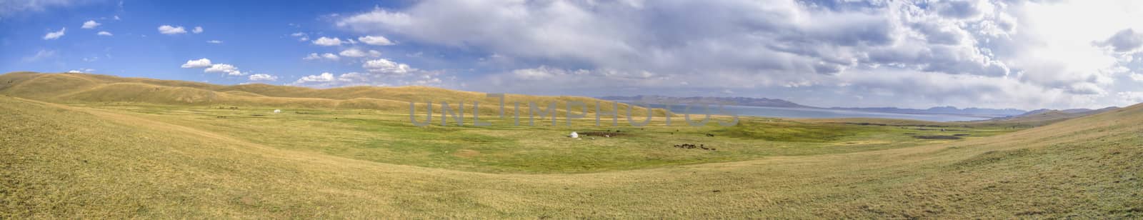Scenic panorama of green grasslands in Kyrgyzstan with traditional nomadic yurt