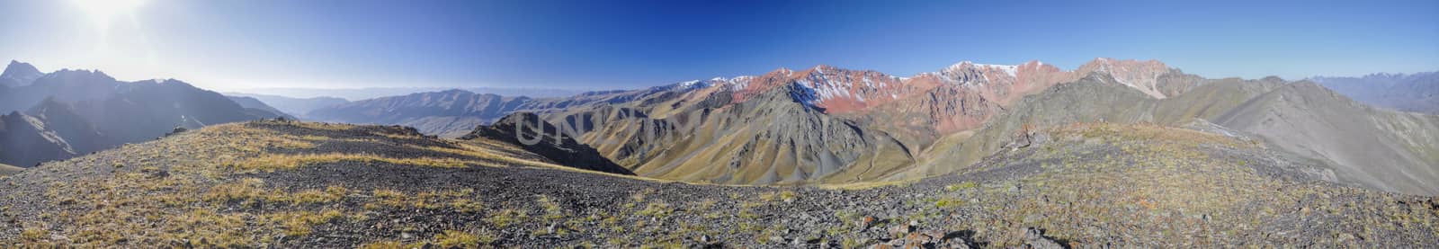 Scenic panorama of highest mountain peaks in Ala Archa national park in Tian Shan mountain range in Kyrgyzstan