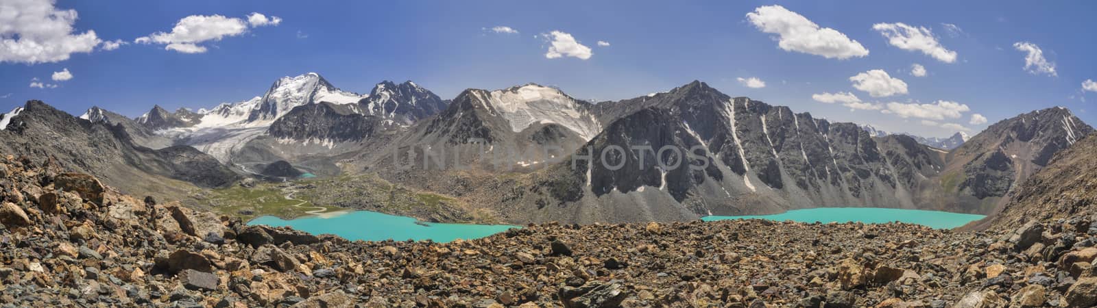 Scenic panorama of picturesque turquoise lakes in Tien-Shan mountains in Kyrgyzstan