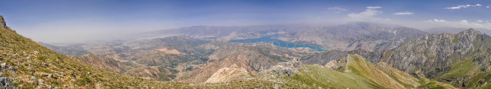 Scenic panorama of mountainous landscape of Tian Shan mountain range near Chimgan  in Uzbekistan