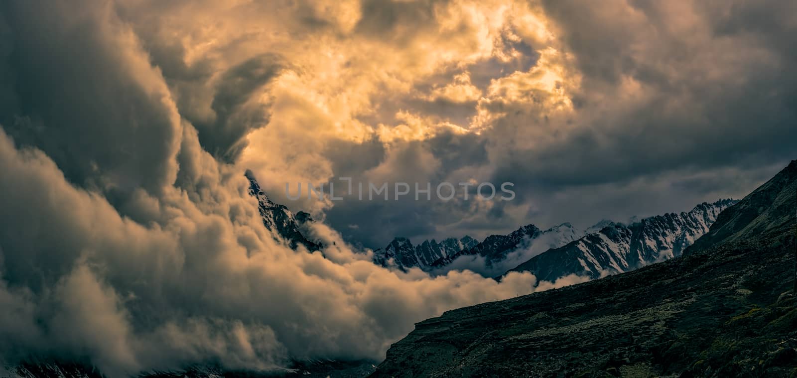 Scenic panorama valley in Himalayas near Kanchenjunga in Nepal