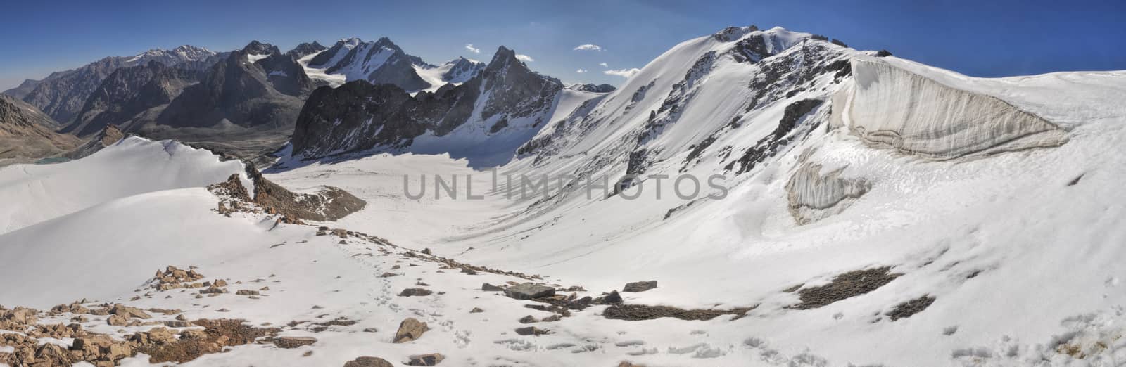 Scenic panorama of highest mountain peaks in Ala Archa national park in Tian Shan mountain range in Kyrgyzstan