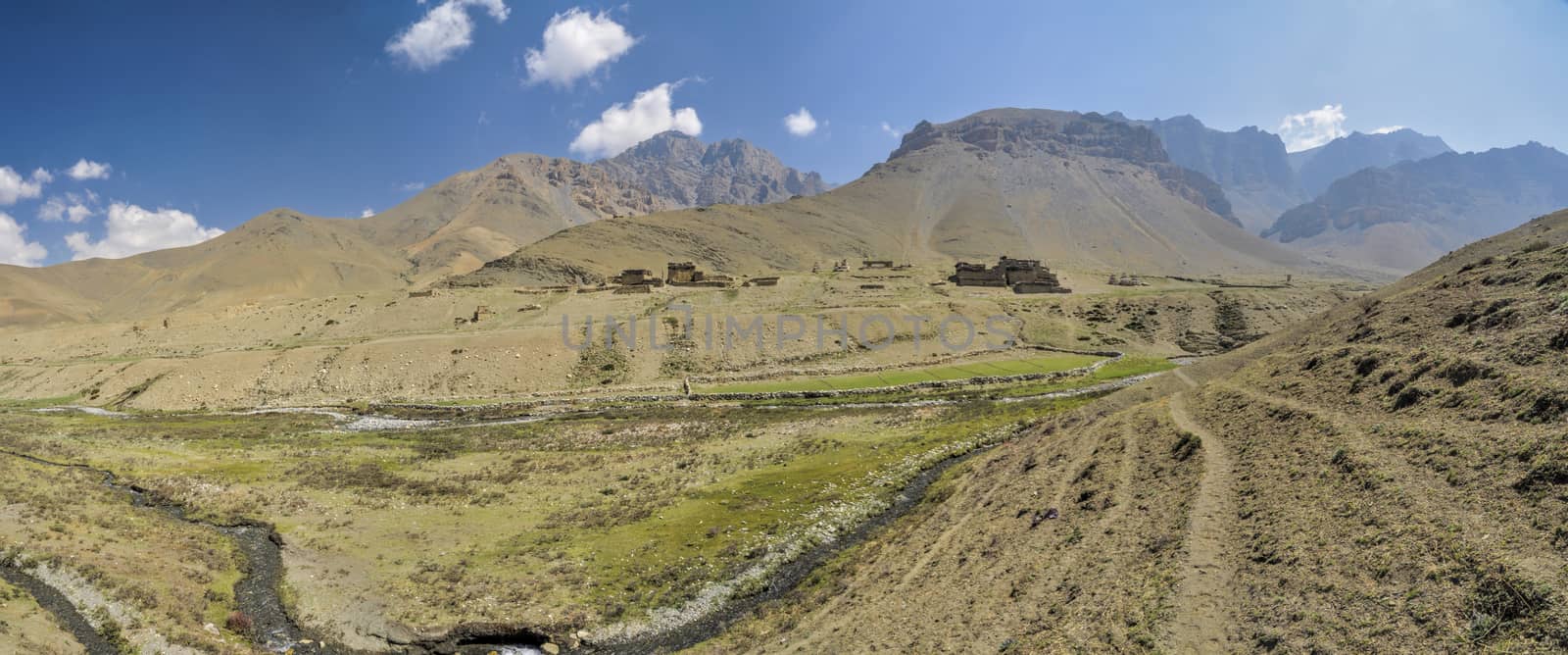 Scenic panorama of an old village in valley in Dolpo region in Nepal