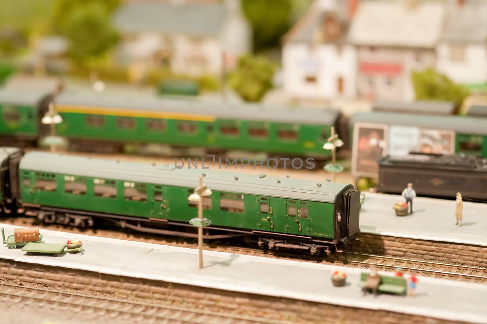 miniature railway train station platformwith shallow d.o.f