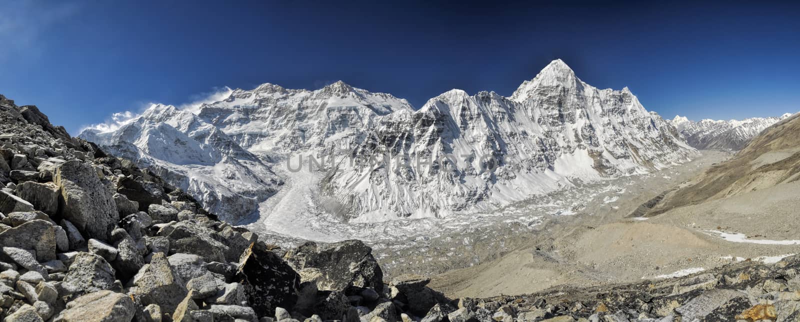 Scenic panorama of glacial valley in Himalayas near Kanchenjunga in Nepal