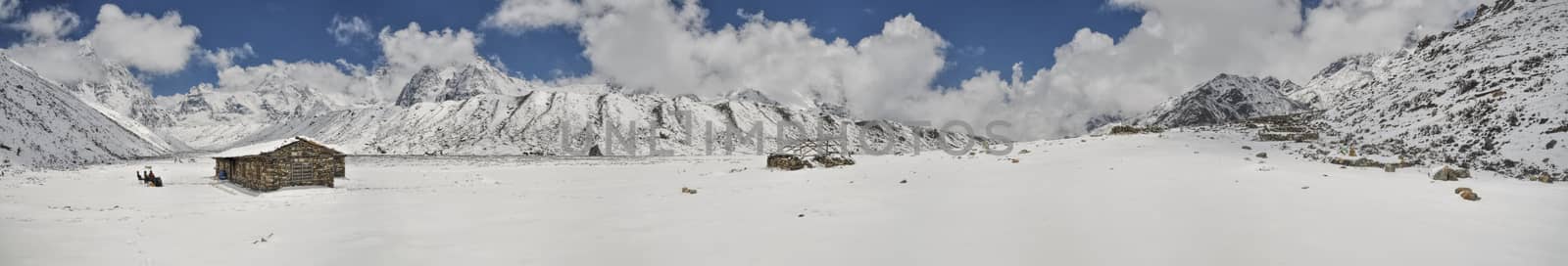 Scenic panorama of Himalayas near Kanchenjunga in Nepal with mountain cabins