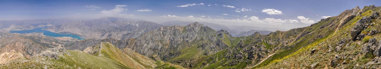 Scenic panorama of mountainous landscape of Tian Shan mountain range near Chimgan  in Uzbekistan