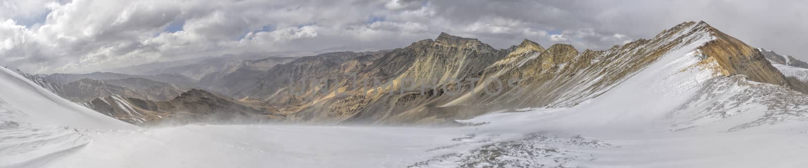 Scenic panorama of cold mountainous landscape of Pamir mountain range  in Tajikistan