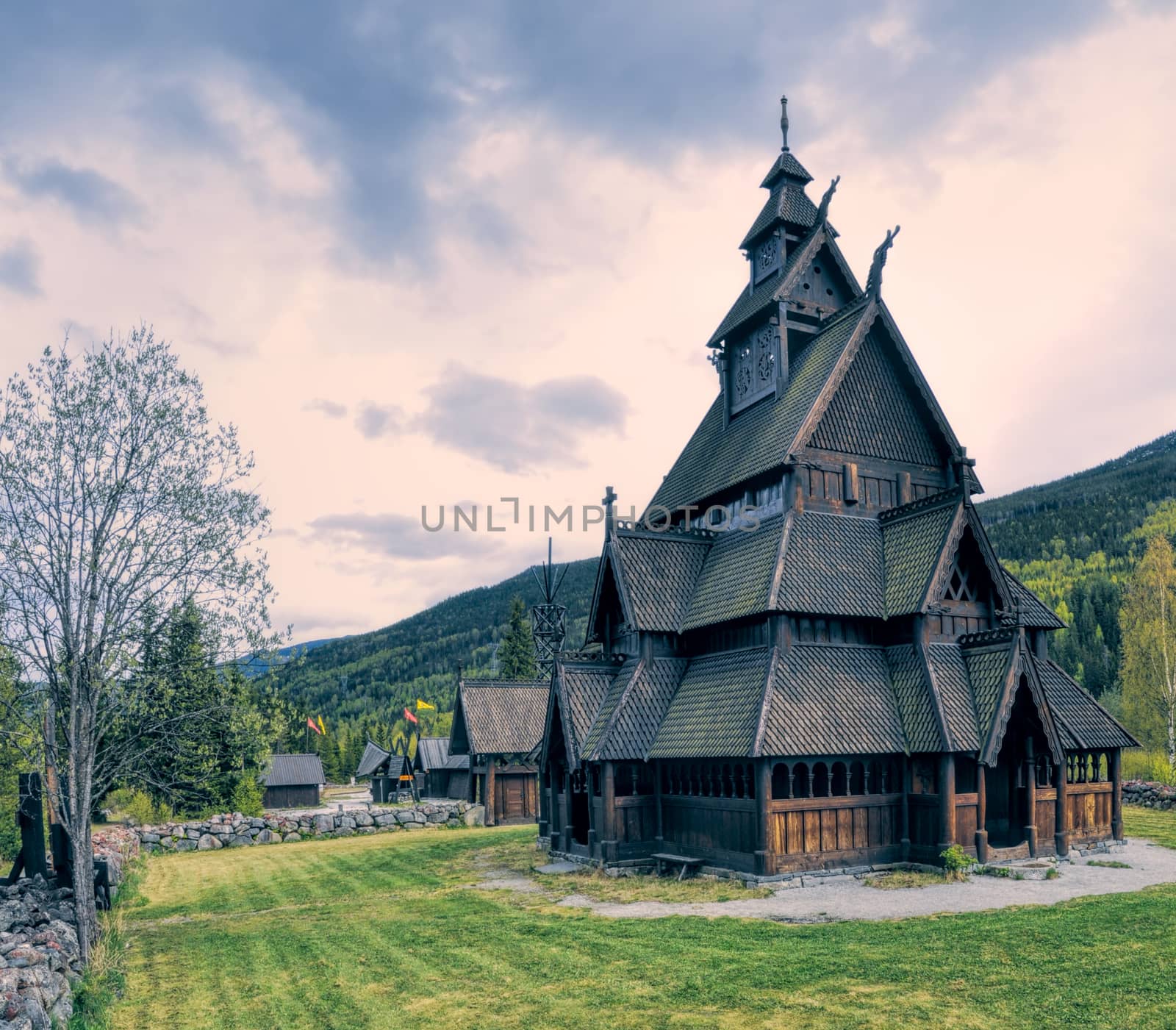 Gol Stave Church in Norway on cloudy day
