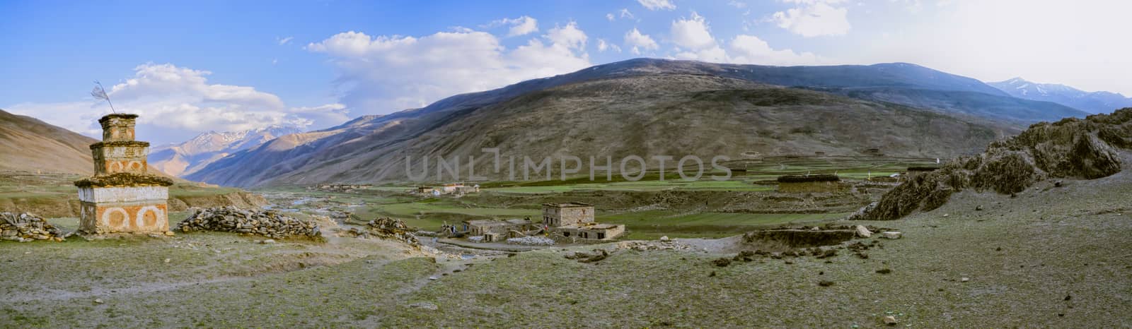 Scenic panorama of an old village in valley in Dolpo region in Nepal