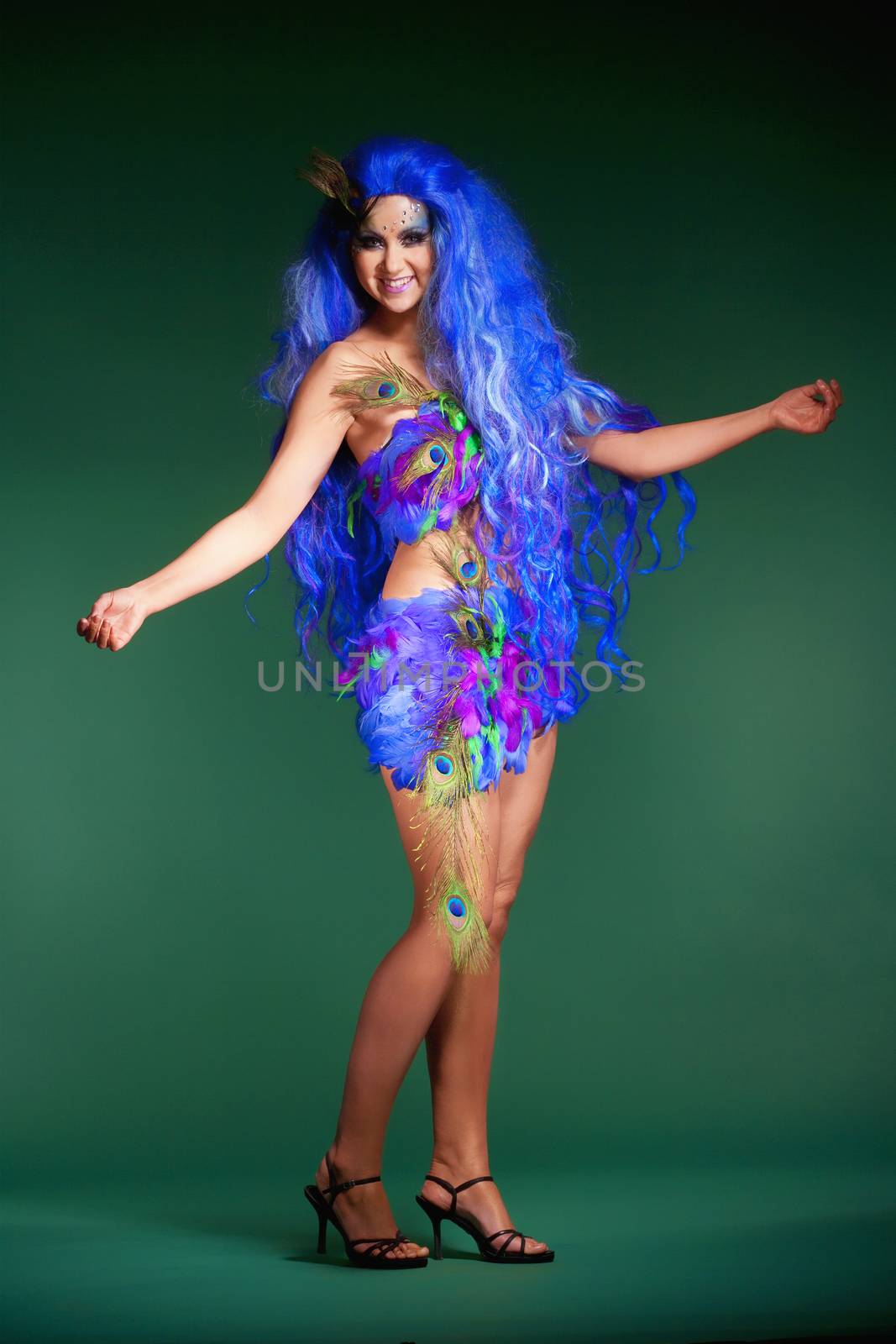 Young Woman in Blue Wig and Dress of Feathers