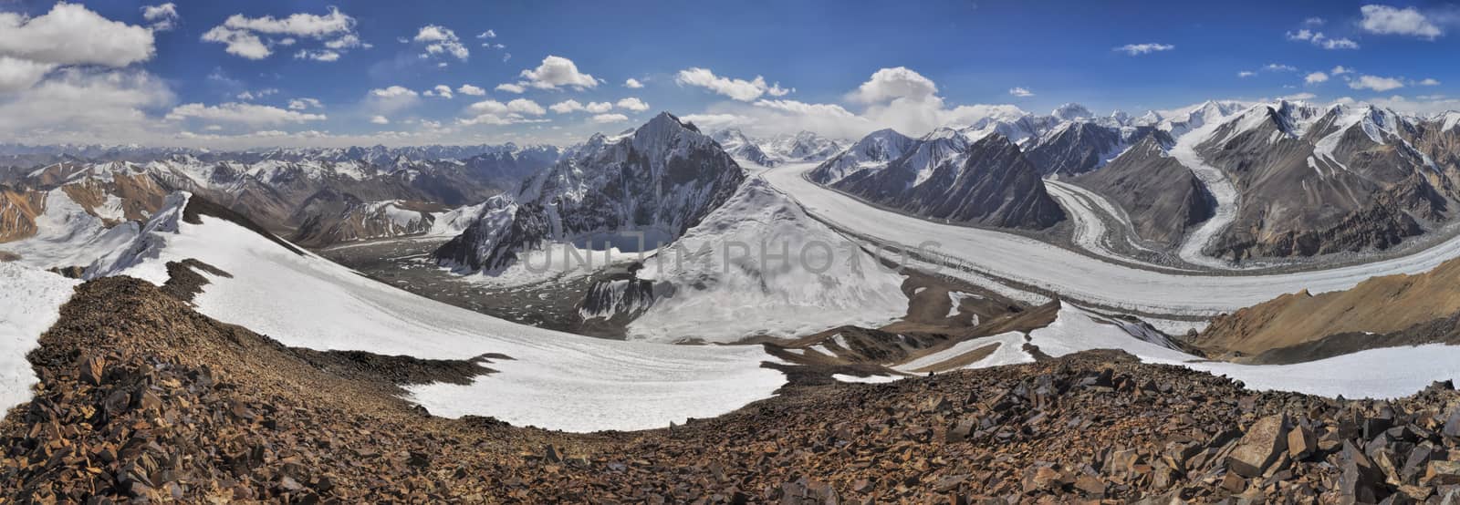 Scenic panorama of Fedchenko glacier in Pamir mountains in Tajikistan