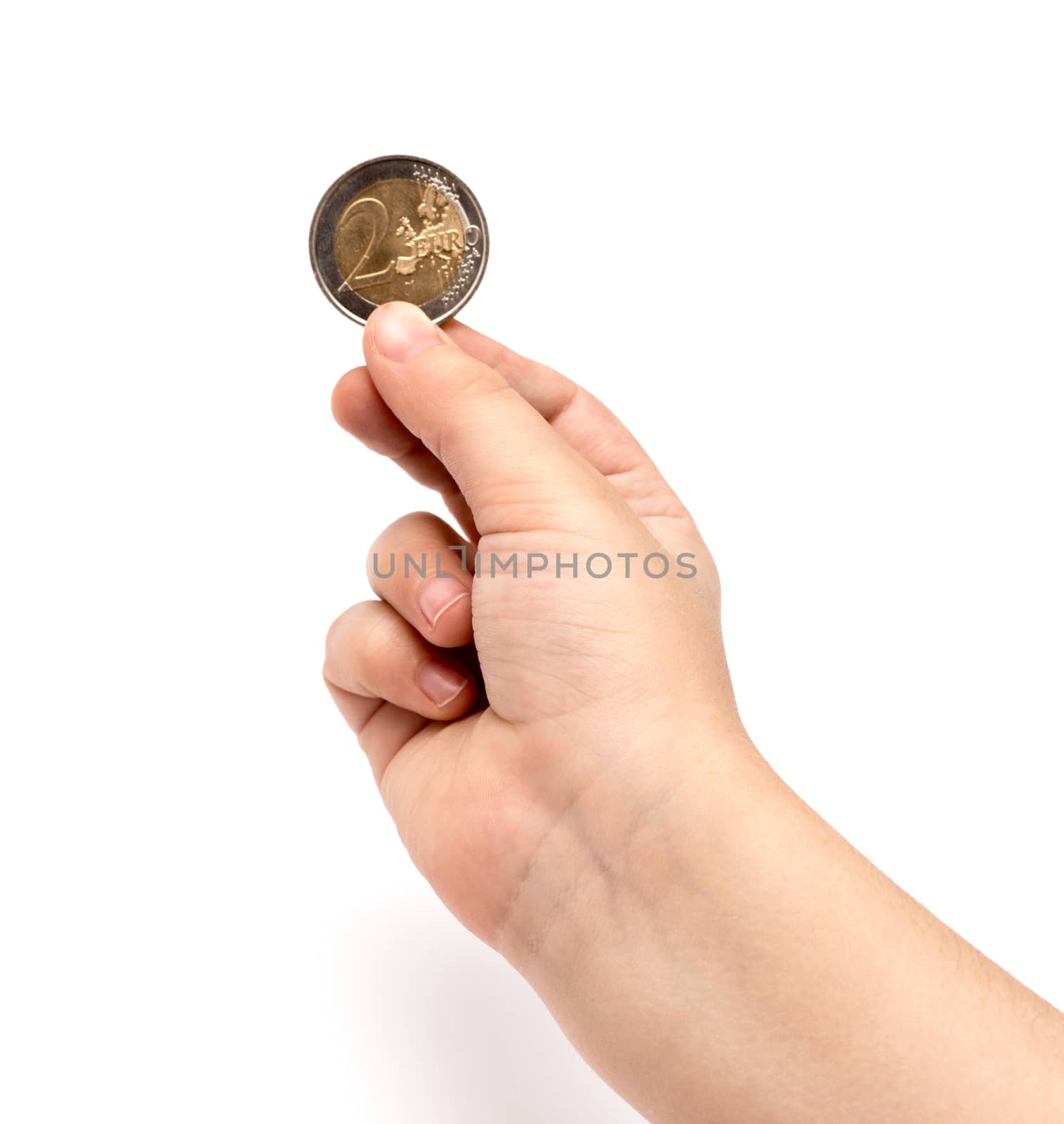 Two euro coin in child hand by DNKSTUDIO