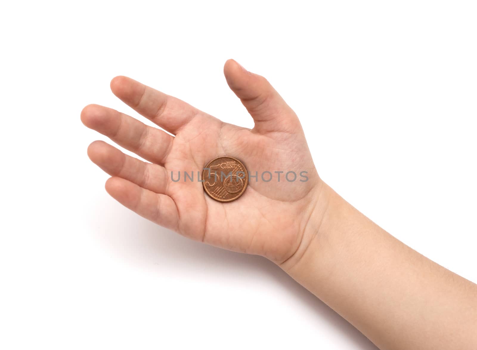 Coins in child's hand on white background by DNKSTUDIO