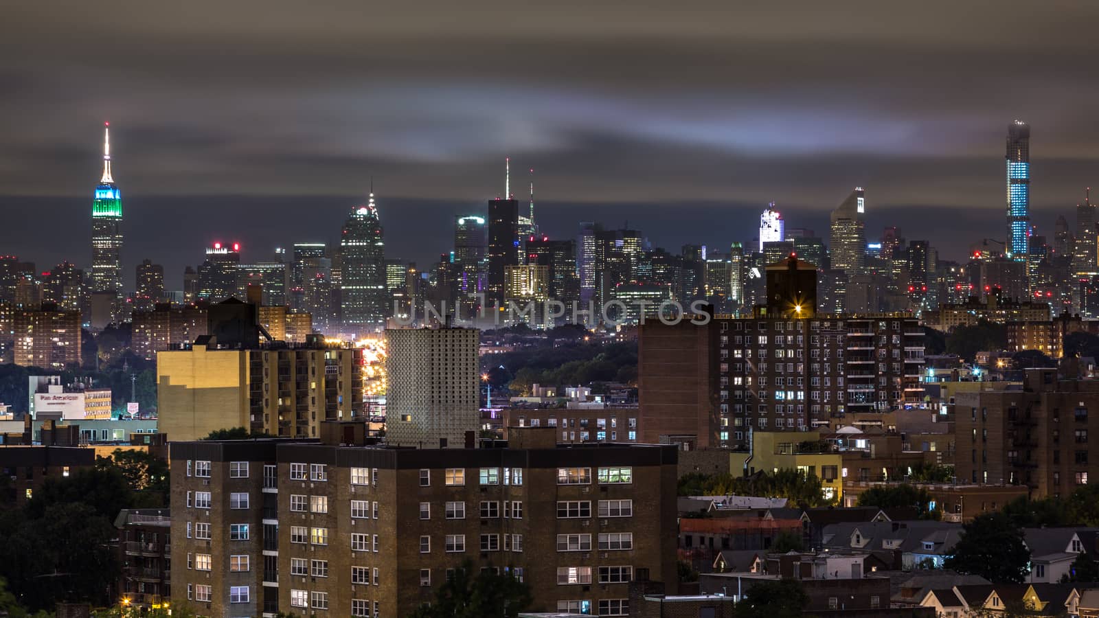 The view of Manhattan skyline at night from Queens, New York