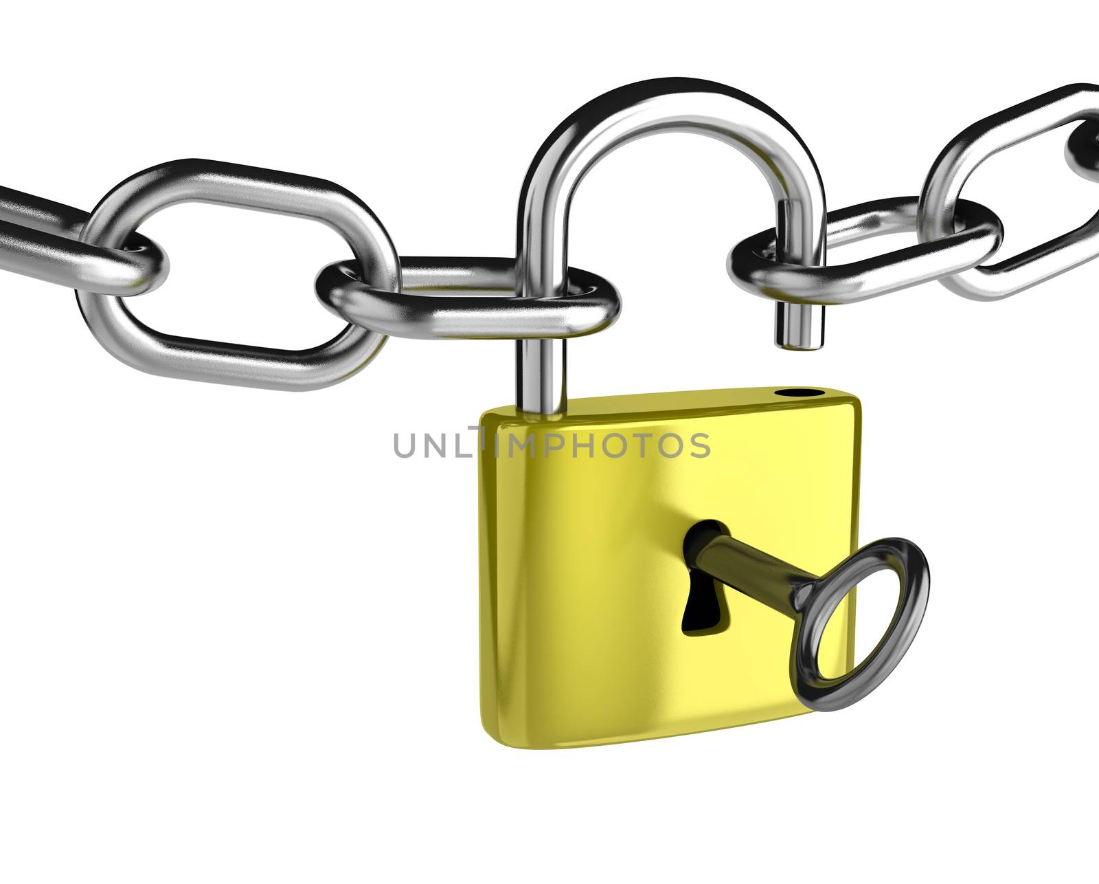 Chain with a Key that is Opening a Padlock on White Background