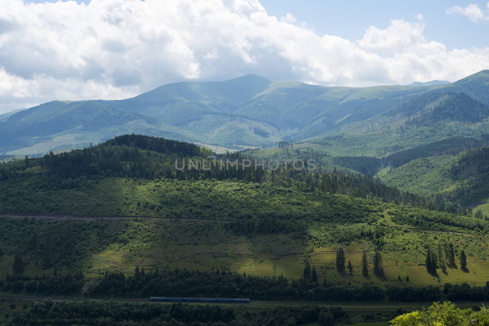 Landscape in the Ukrainian Carpathians with the passenger train  by rootstocks