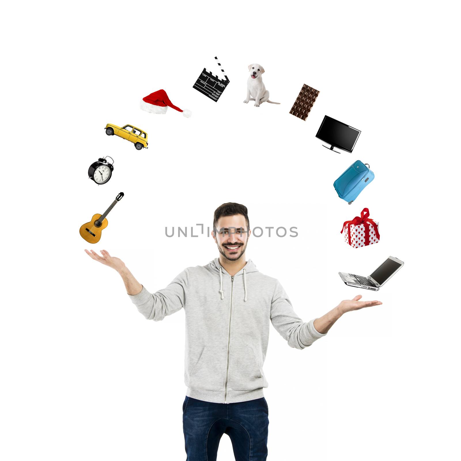 Happy young man making a scale with his own hands 