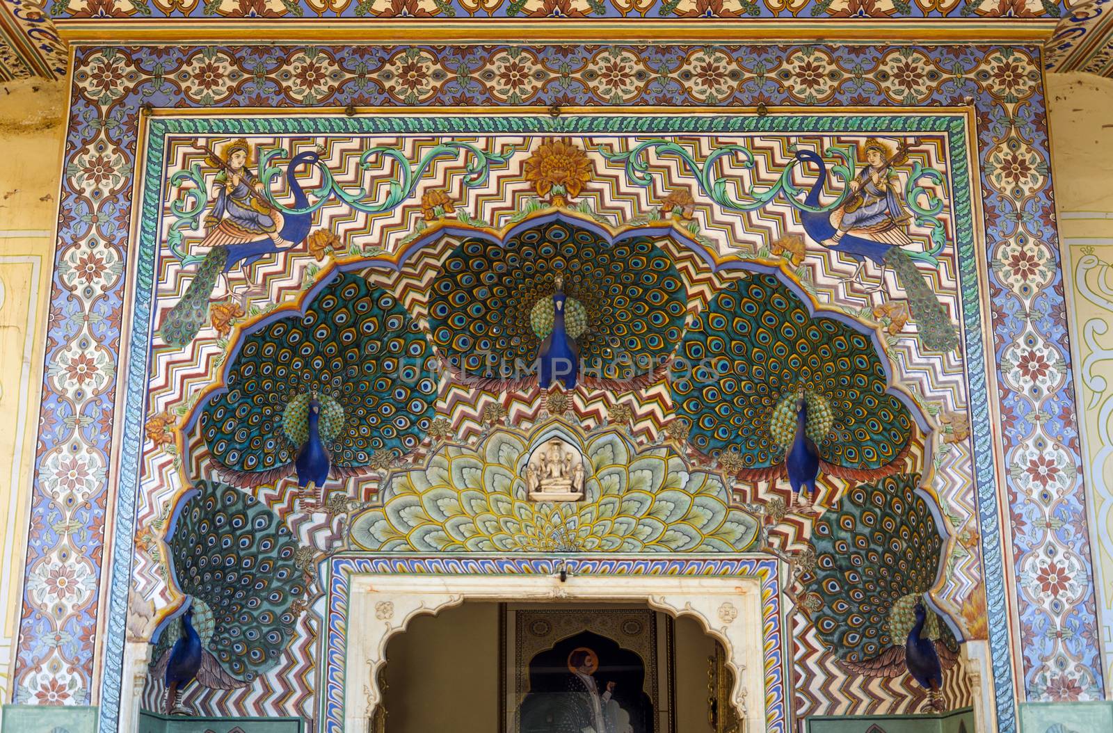 Peacock Gate at the Chandra Mahal, Jaipur City Palace in Jaipur, Rajasthan, India.