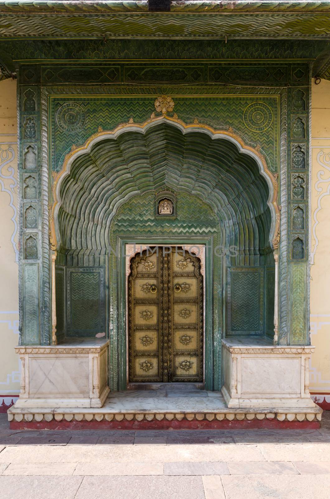 Green Gate in Pitam Niwas Chowk, Jaipur City Palace, Rajasthan, India.