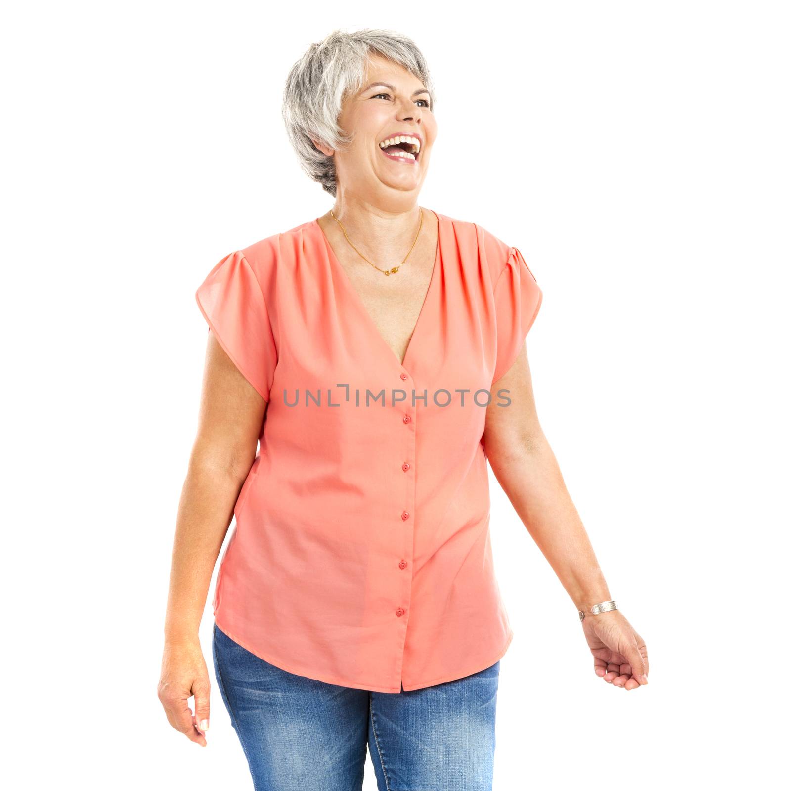 Portrait of a elderly woman smiling, isolated on a white background