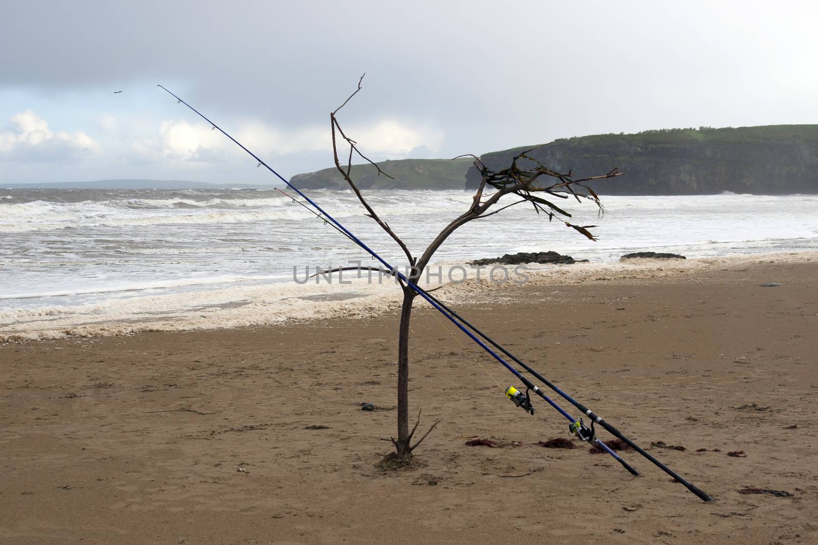 two fishing rods supported by a branch in the sand on a beach in Kerry, Ireland