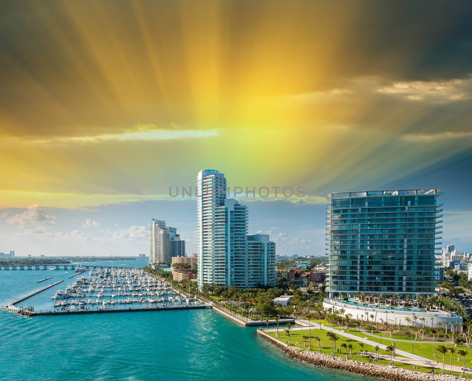 Miami skyline panorama at dusk with urban skyscrapers and cloudy by jovannig