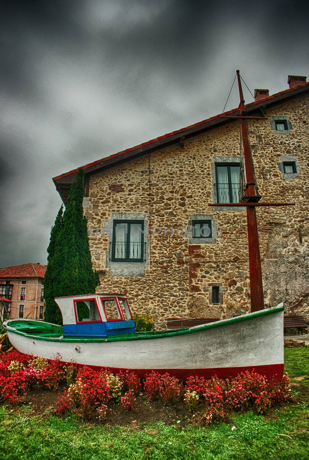Colourful Boat on a garden.