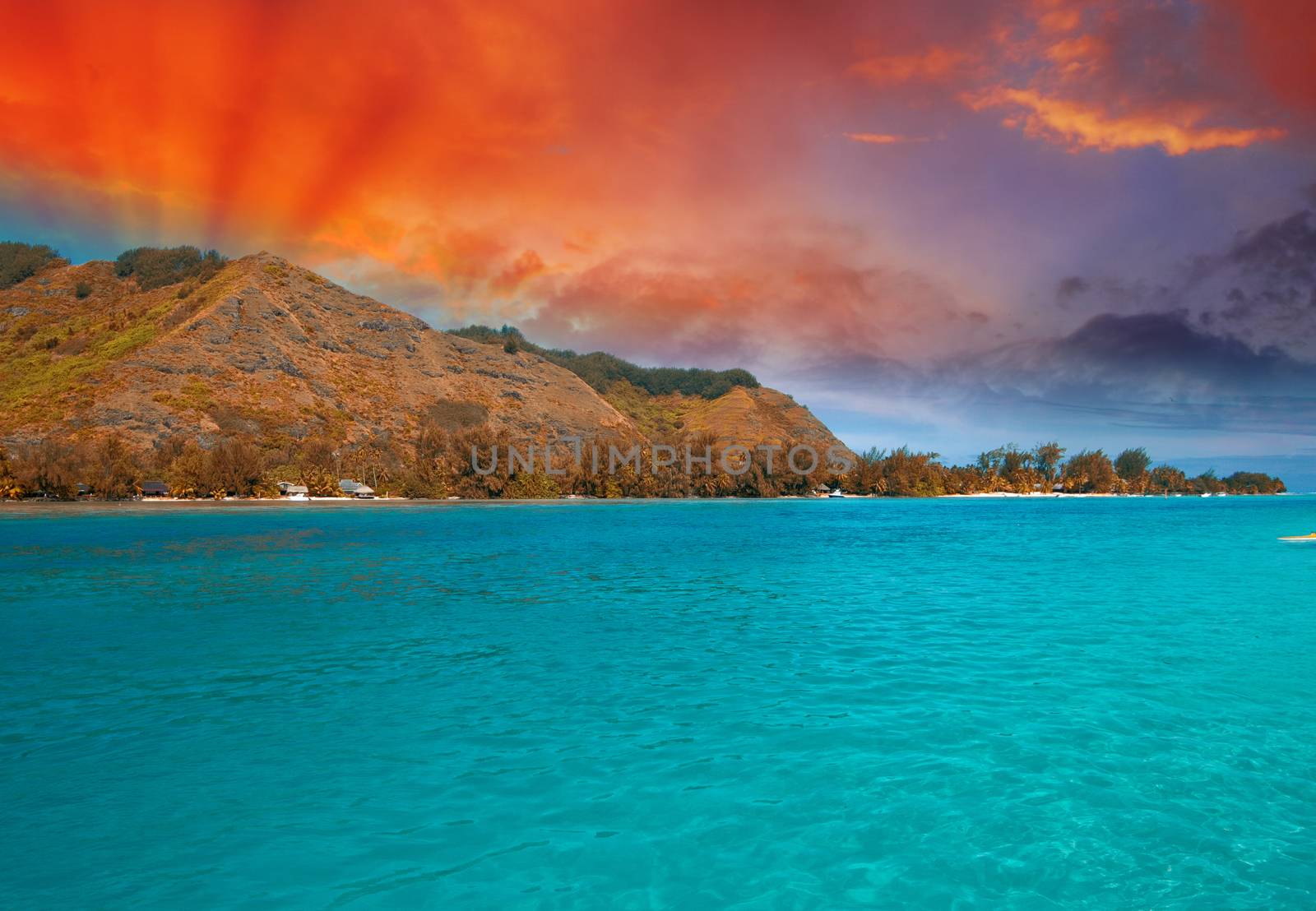 Polynesia Islands, wonderful seascape with sunset and mountains.