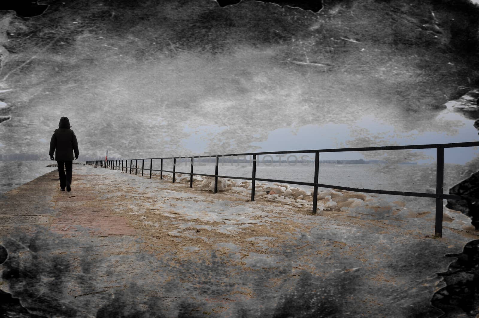 Creative grungy textured image of lonely person walking on pier.