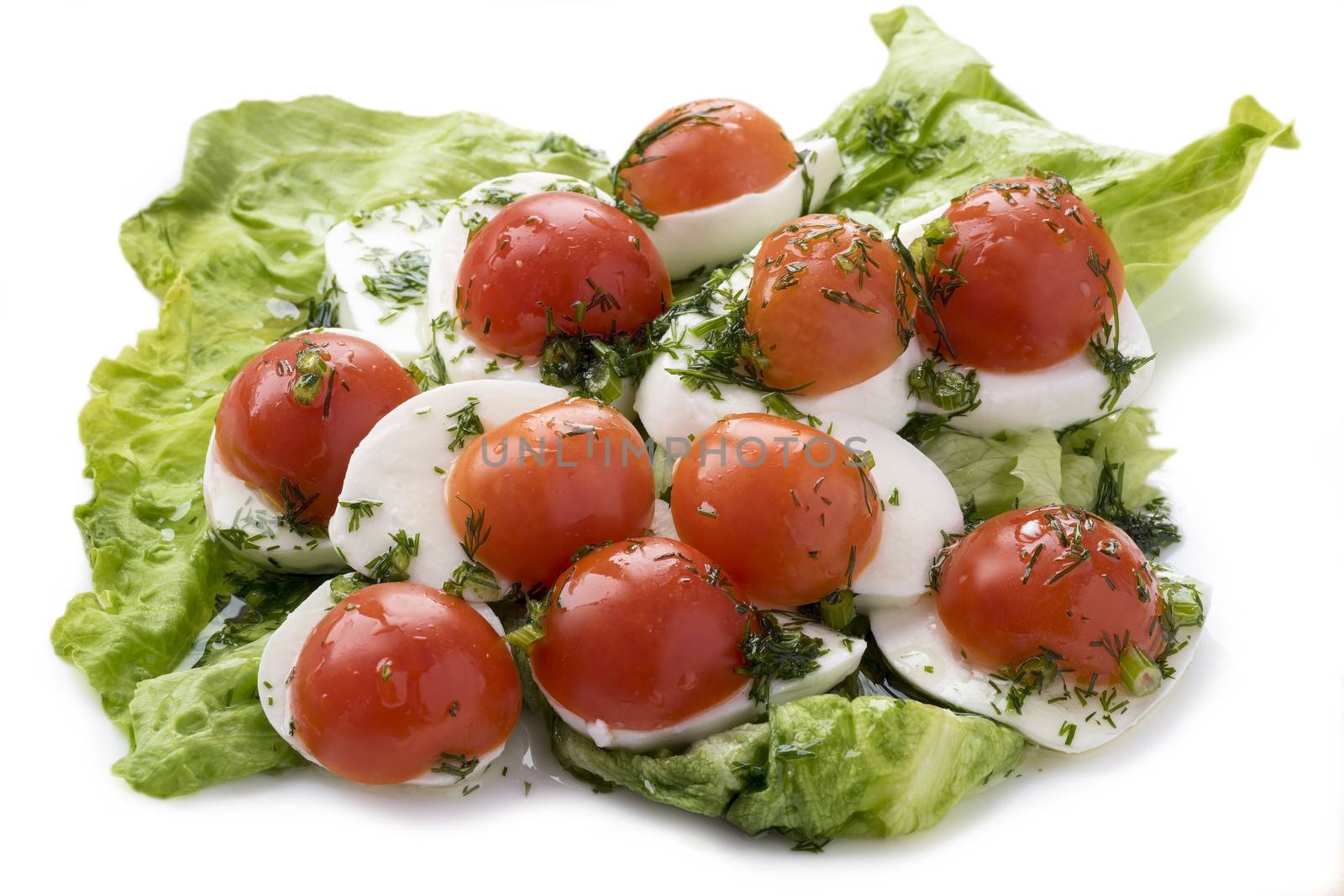 Mozzarella cheese with tomatoes on a green lettuce isolated on white.