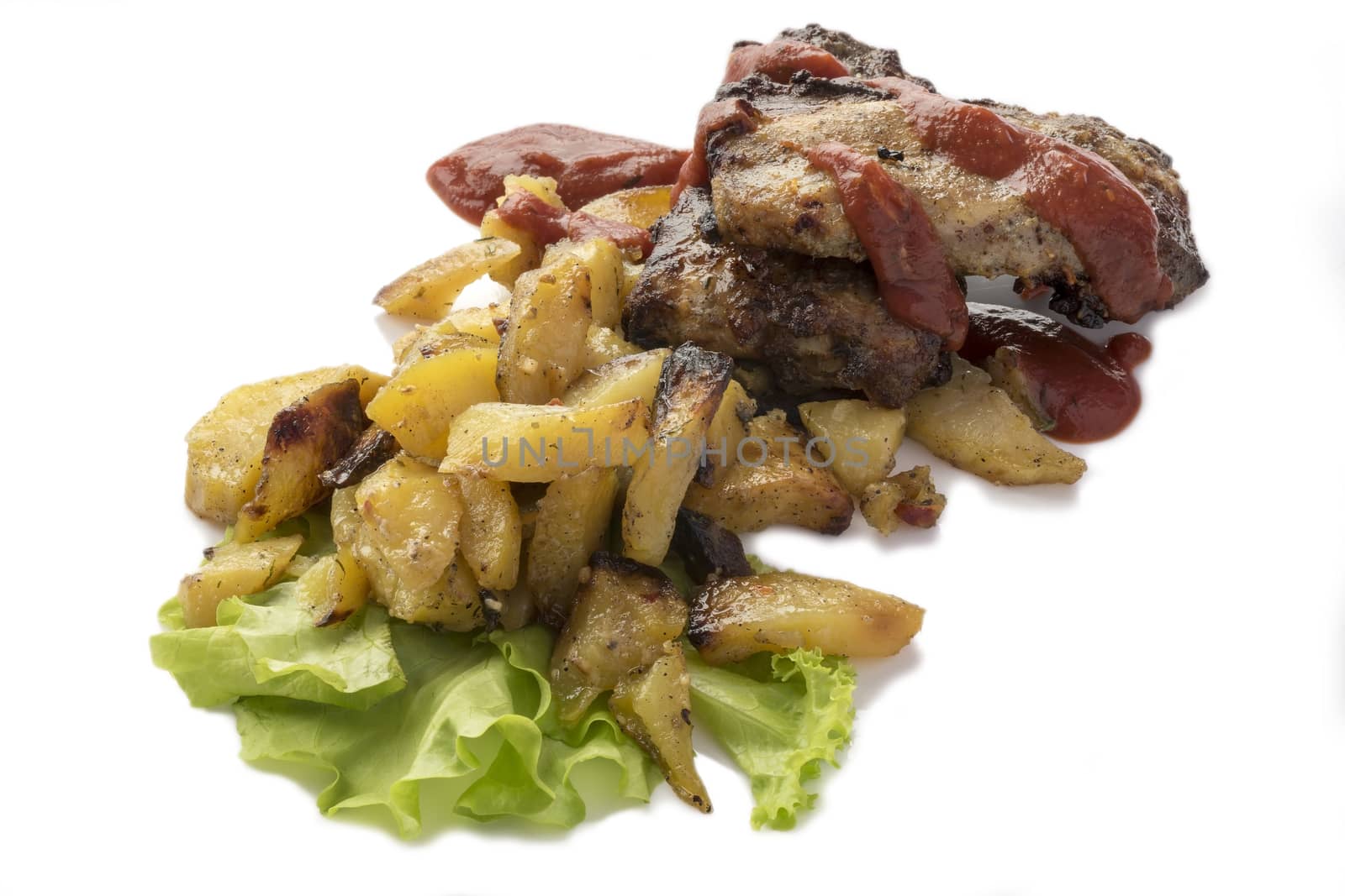 Pork ribs with fried potatoes isolated on white.