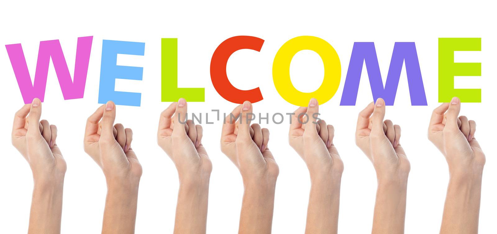 Diverse hands holding colorful words welcome