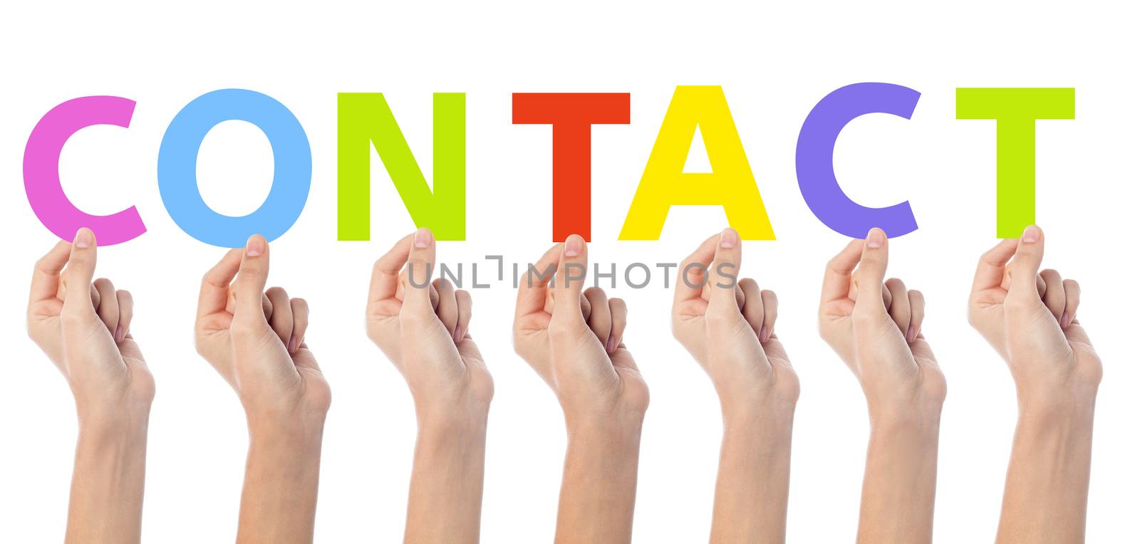 Female hand holding colorful words contact