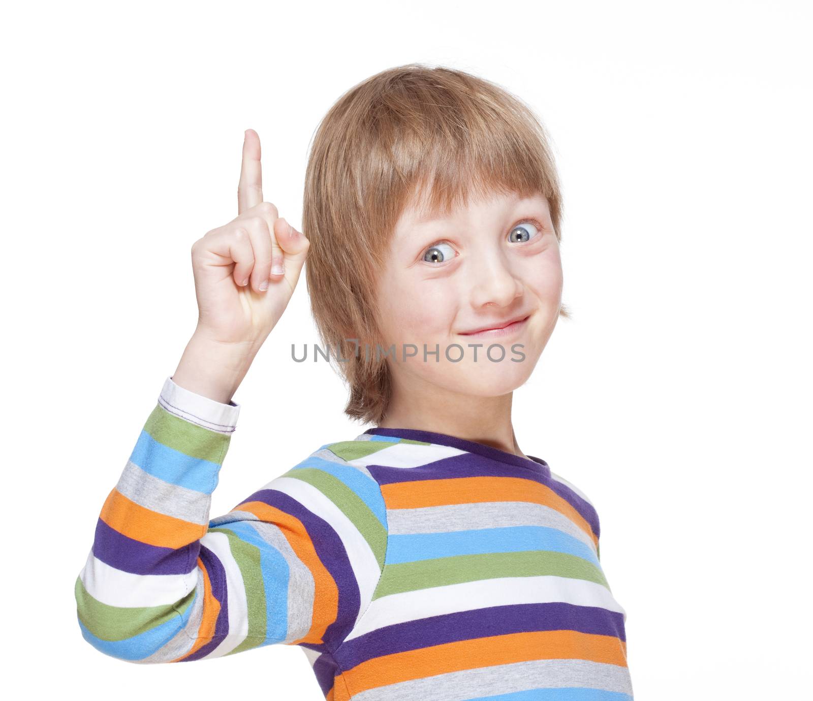 Boy Points up his Finger, Has an Idea - Isolated on White