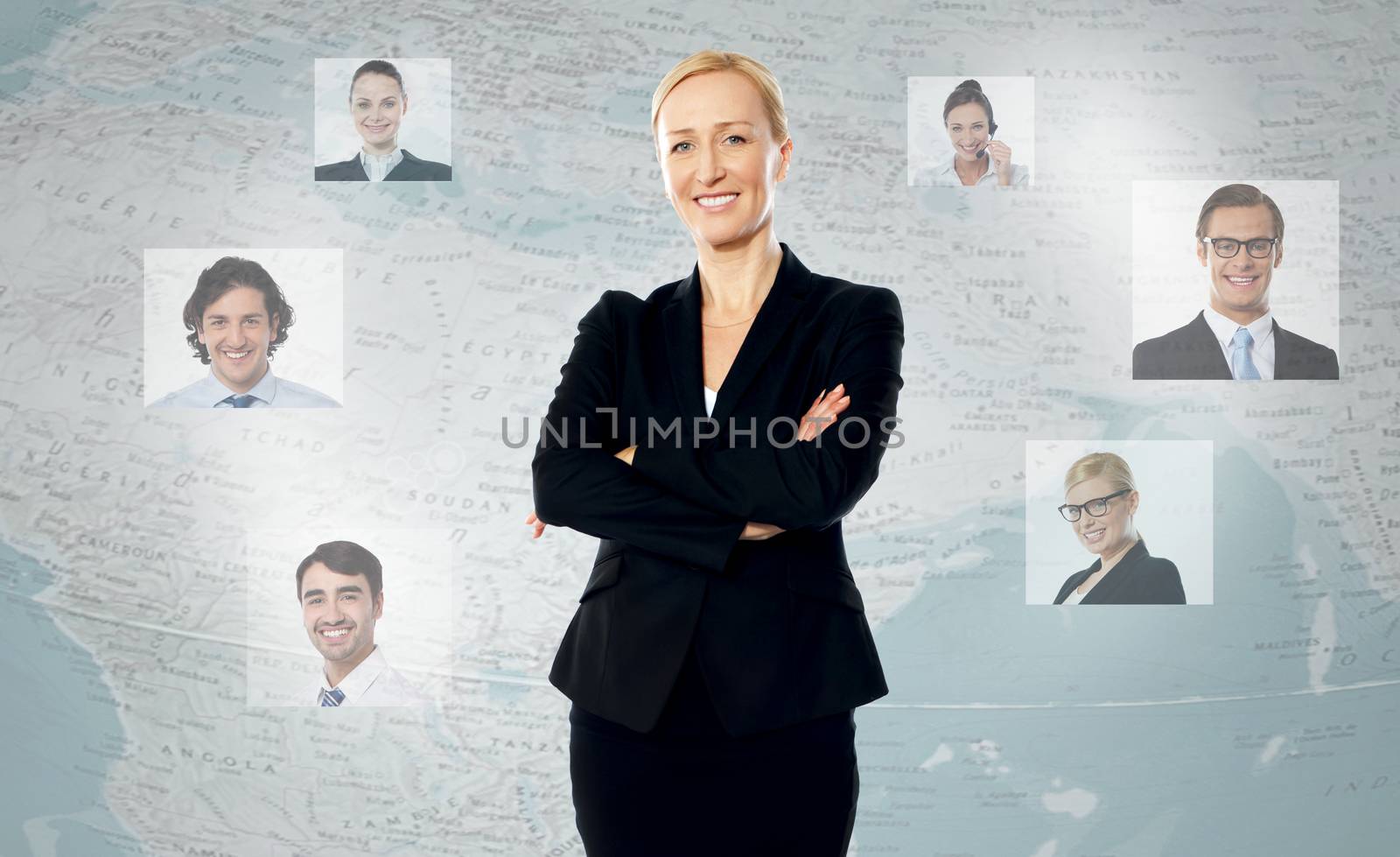 Successful woman standing, her friends across the world