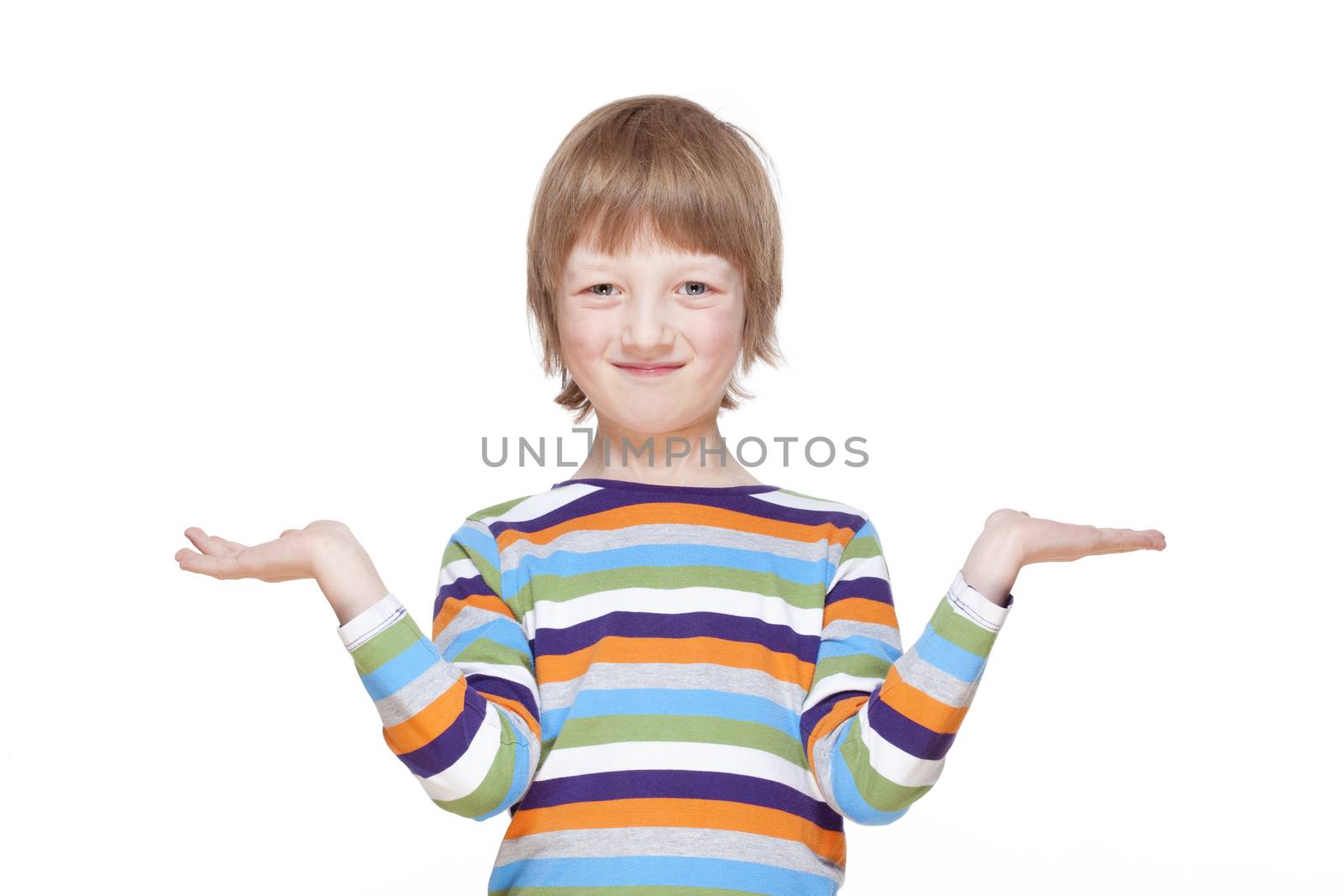 Boy Stretching out his Arms with Palms up, Looking, Smiling - Isolated on White