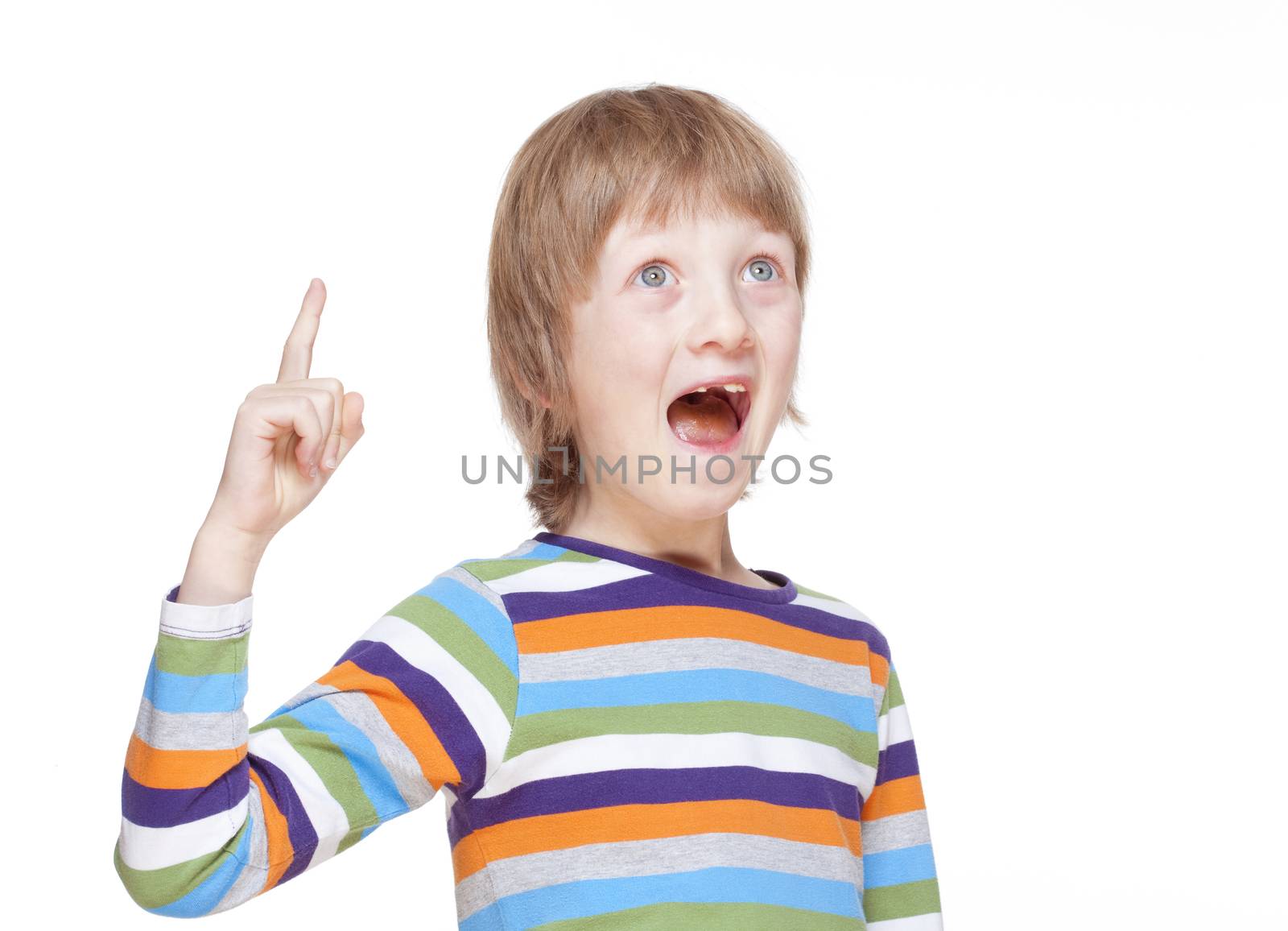 Boy Points up his Finger, Has an Idea - Isolated on White