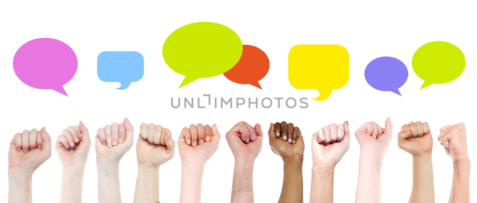 Fists with colourful speech bubbles by stockyimages