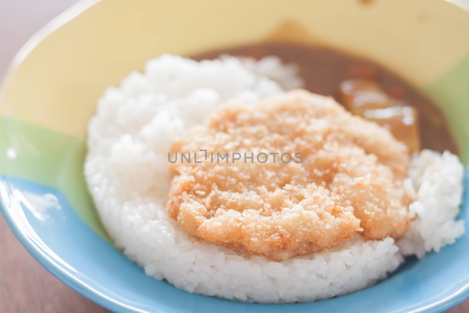 Fried pork top on rice, stock photo