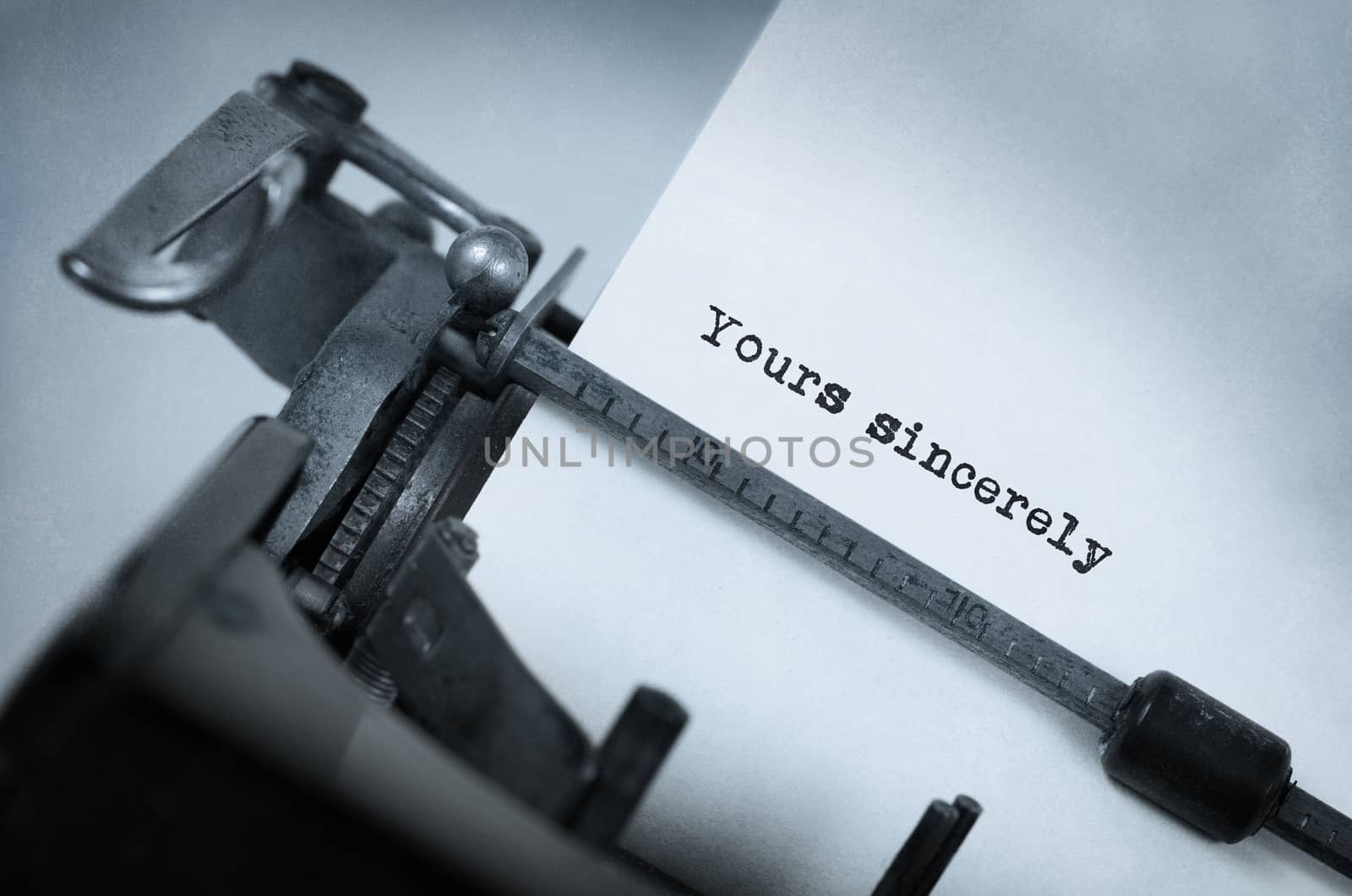 Vintage inscription made by old typewriter, yours sincerely