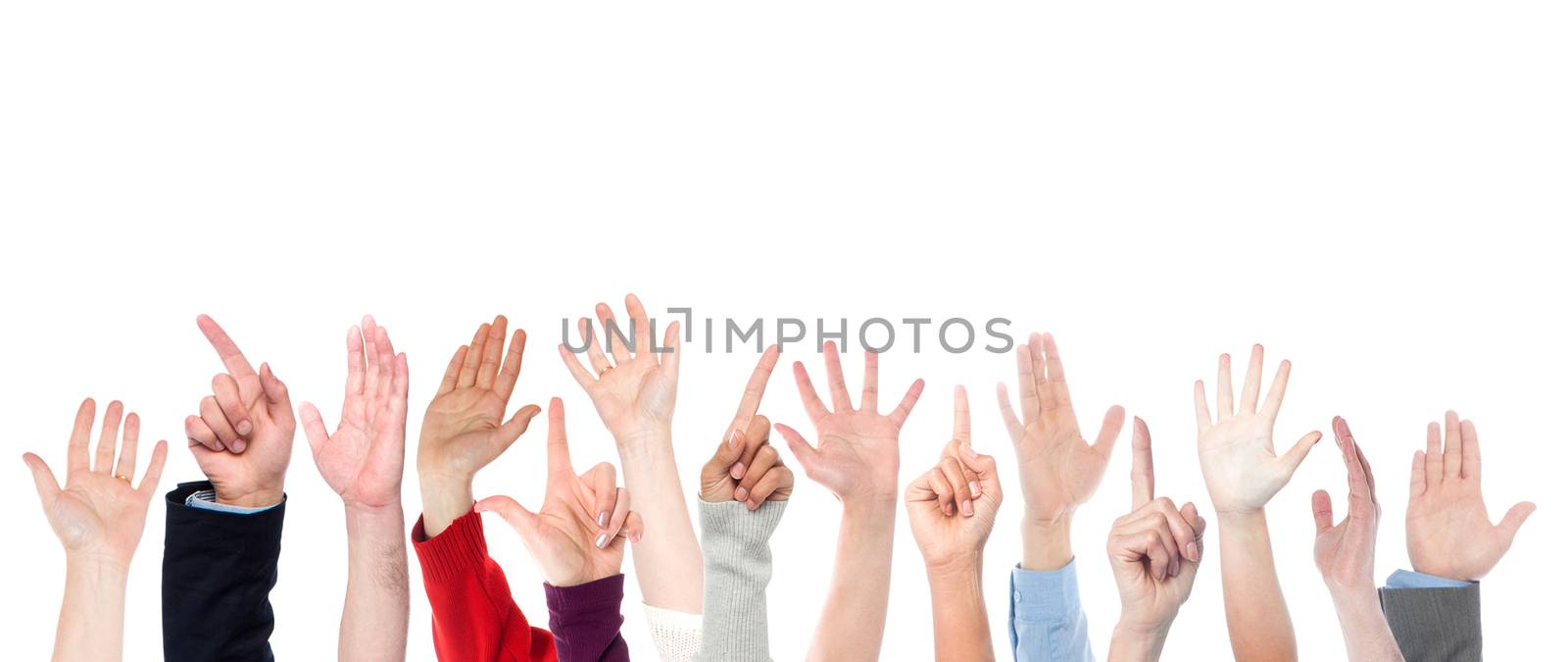Hands raised up. Isolated over white background